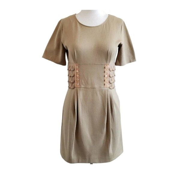 Chloe Corset Waist Scalloped Button Short Sleeve Deep Tan Box Short Dress S* - Picture 1 of 12